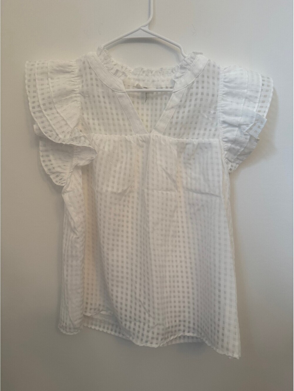 Entro White Sheer Checkered Ruffle Sleeve Blouse Size L